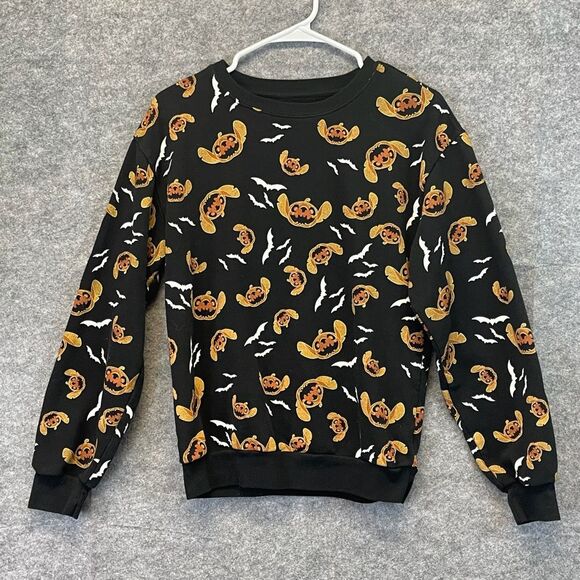 DISNEY Halloween Sweatshirt Stitch Junior Small Black Bats Pumpkins Long Sleeve - Picture 1 of 11